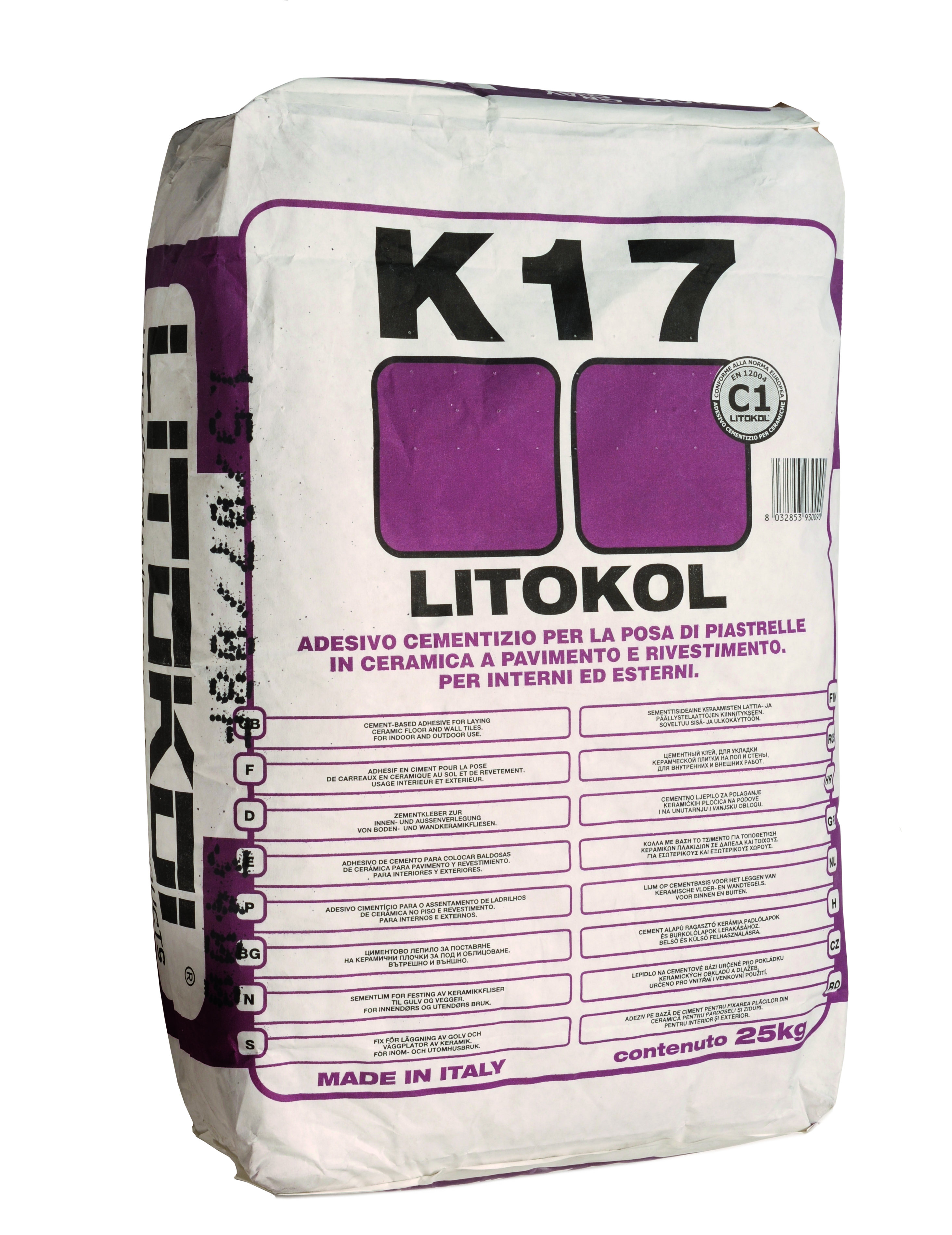 Сірий клей для плитки, клас С1. Litokol K17, 25 кг